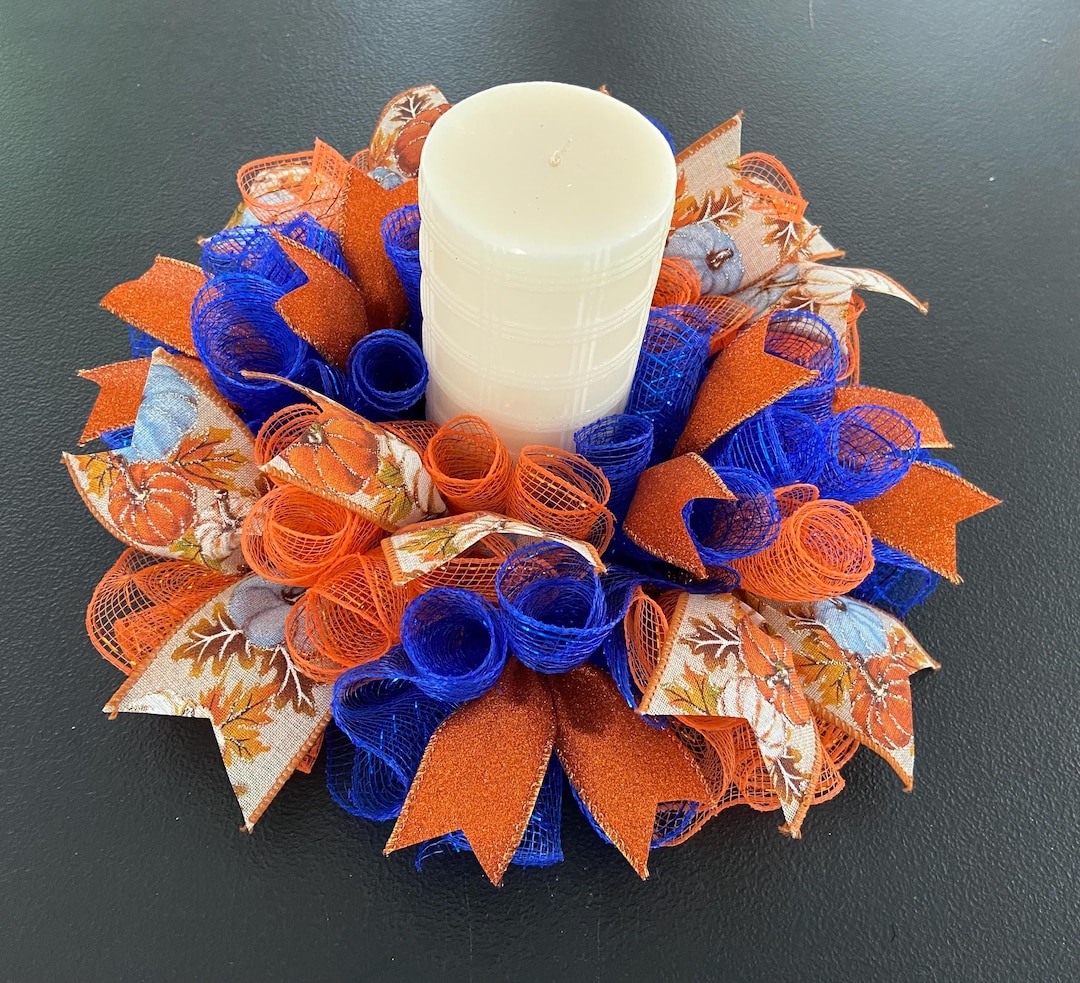 12" or 17" Fall Deco Mesh Pumpkin Candle Ring / Centerpiece - Orange ...