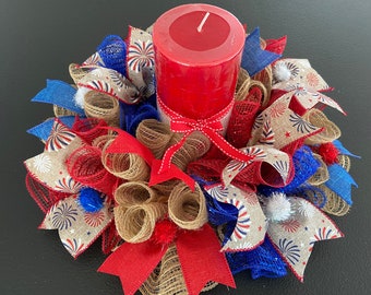 12” or 17” 4th Patriotic Fireworks Deco Mesh Centerpiece / Candle Holder - Burlap, Red, & Blue
