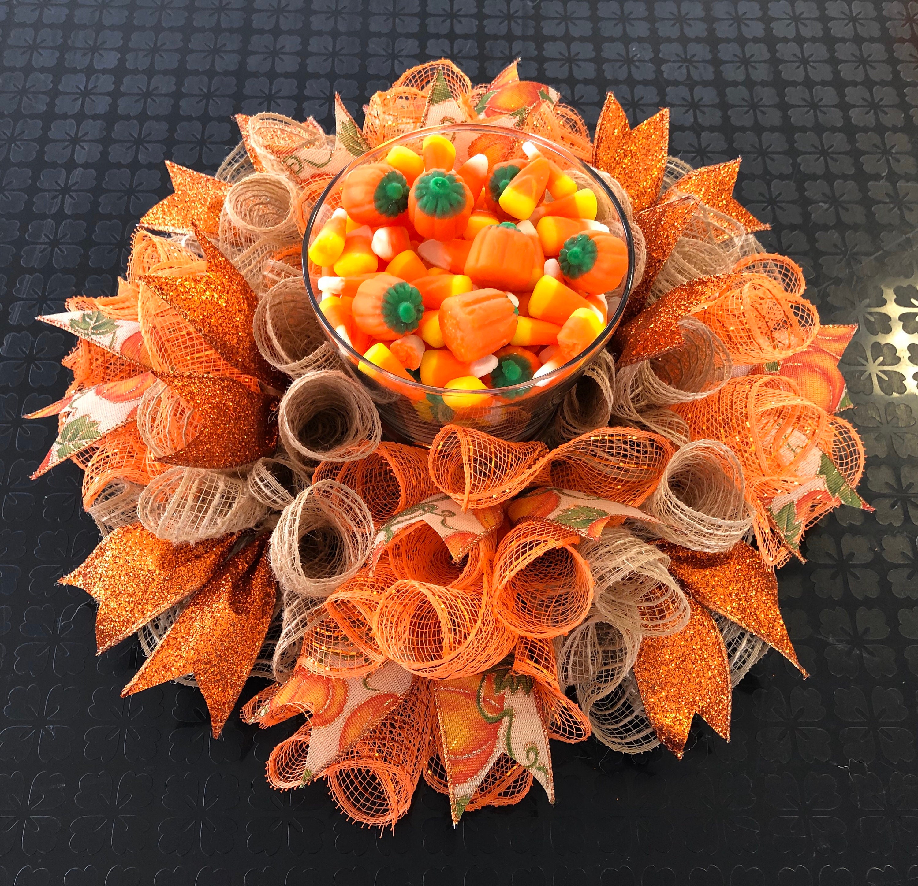 12" or 17" Fall Deco Mesh Pumpkin Candle Ring / Mini Centerpiece ...