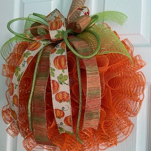 17” Fall / Autumn Deco Mesh Orange Pumpkin Wreath / Door Hanger With ...