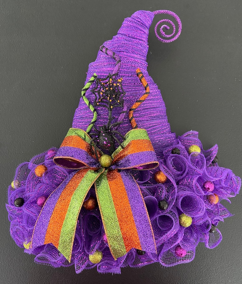 18” X 16” Halloween Deco Mesh Purple Witch Hat Door Hanger Wreath With ...