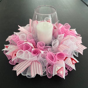 12” or 17&quot; Valentine’s Deco Mesh Love Notes Mini Centerpiece / Candle Holder - Pink & White