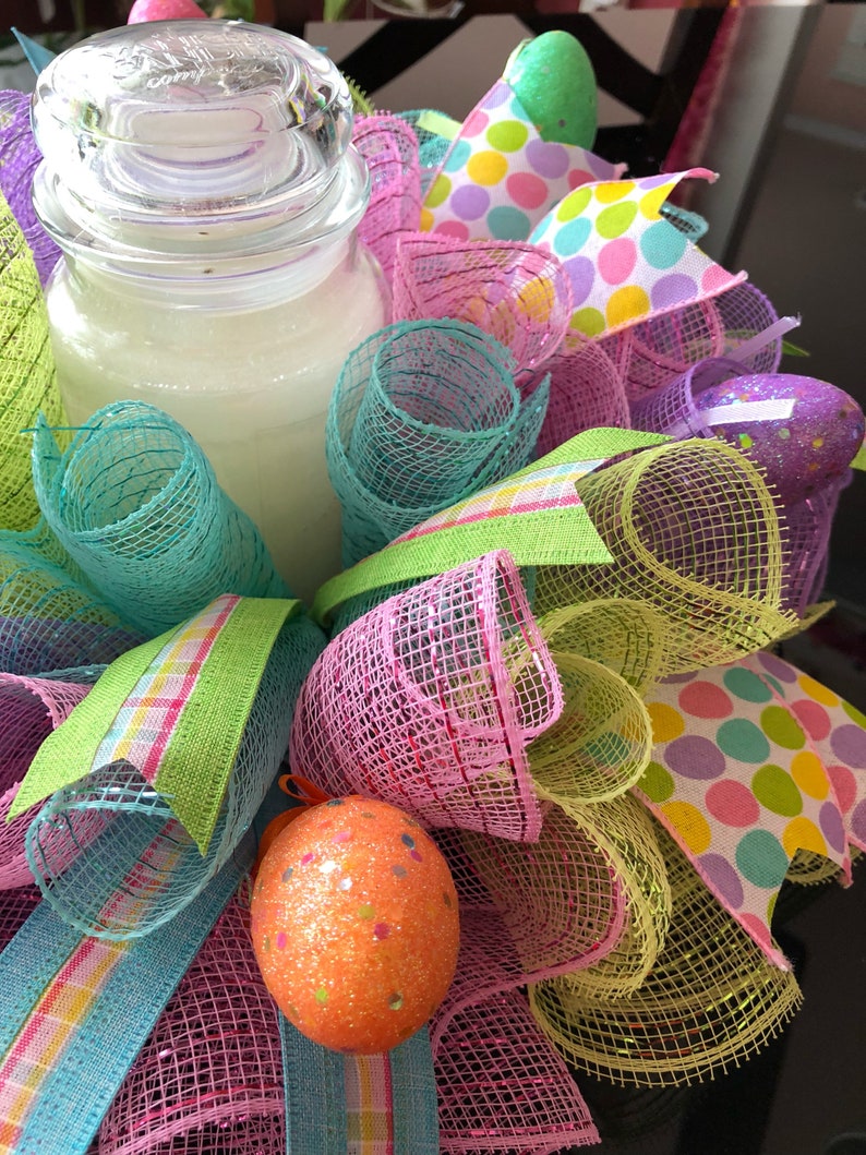 17 Easter Deco Mesh CenterpieceCandle Holder with Eggs Multicolor