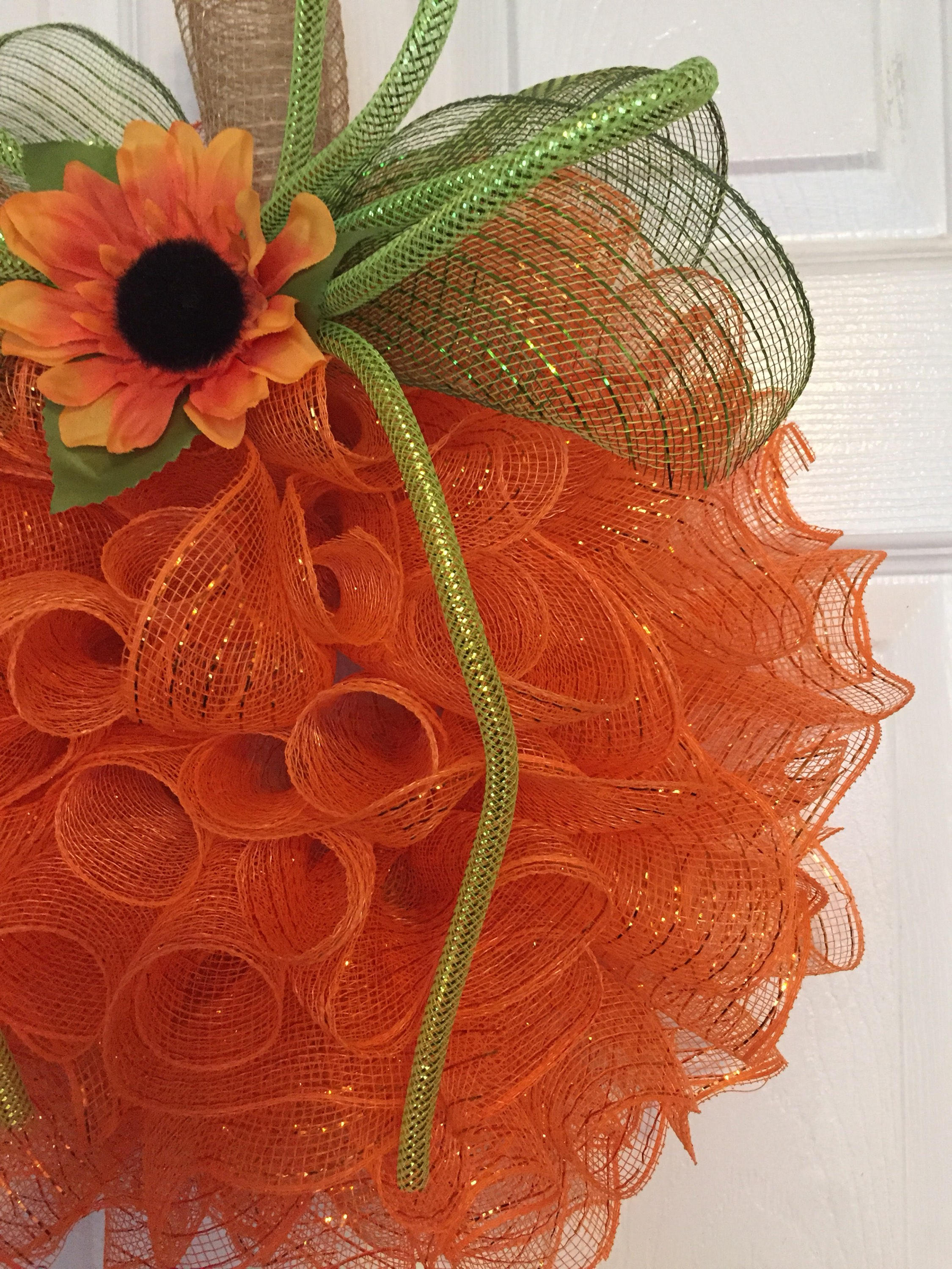 17" Fall/autumn Deco Mesh Orange Pumpkin Wreath With Sunflower - Etsy
