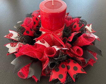 12” or 17” Spring Summer Deco Mesh Ladybug Polka Dots Centerpiece / Candle Holder Ring - Red & Black