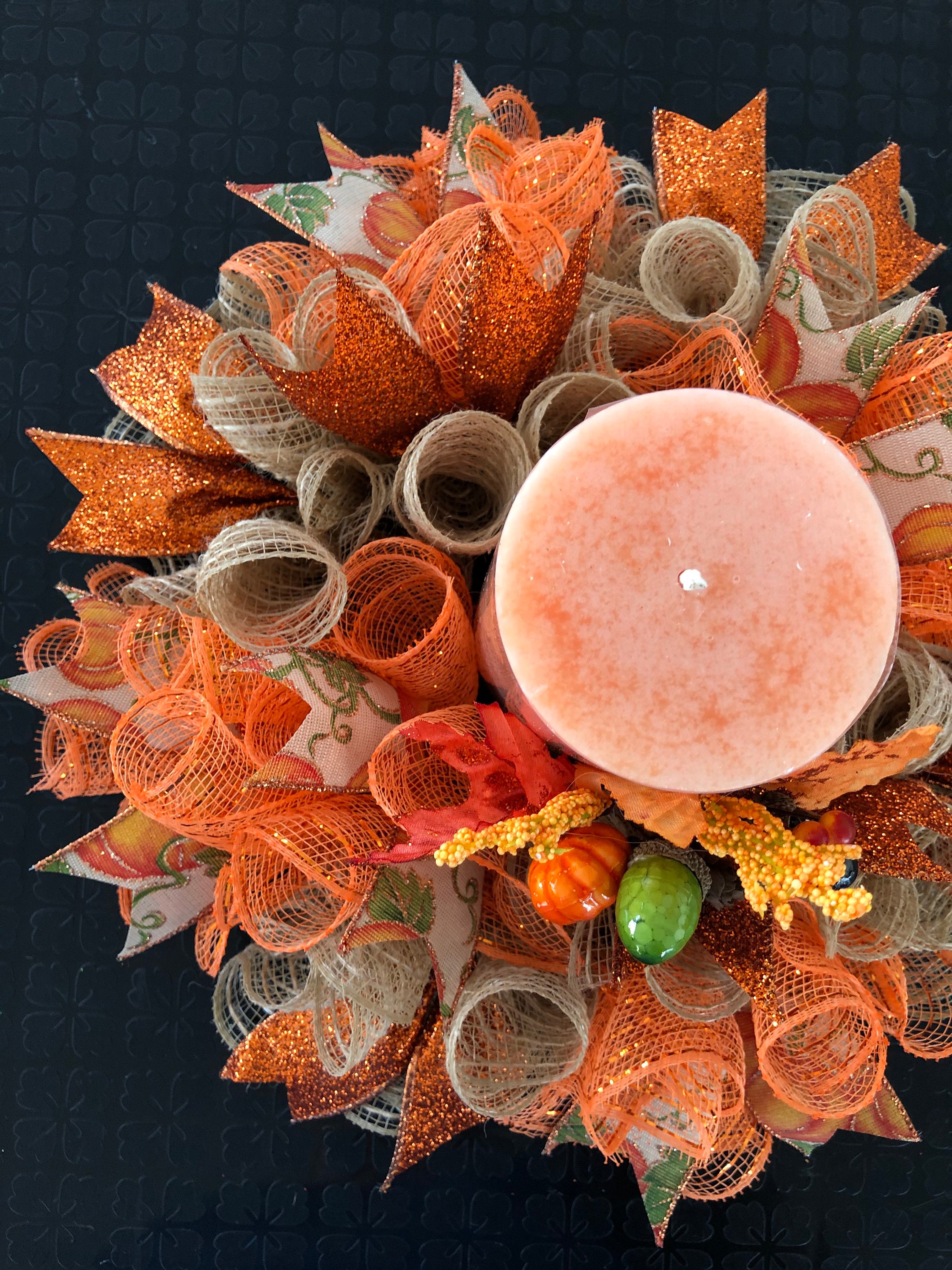 12" or 17" Fall Deco Mesh Pumpkin Candle Ring / Mini Centerpiece ...