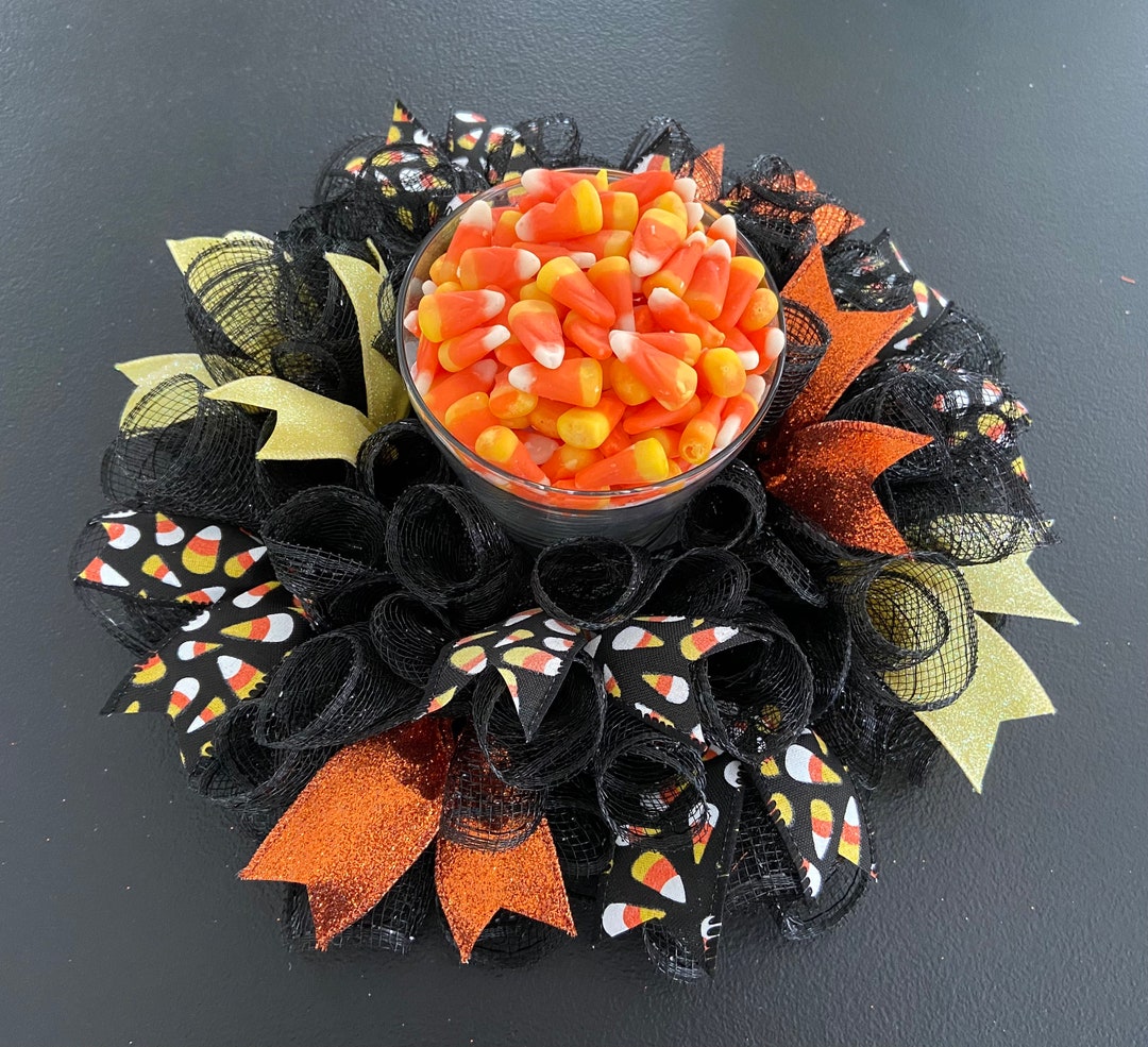 12” Fall Halloween Deco Mesh Candy Corn Mini Centerpiece / Candle ...