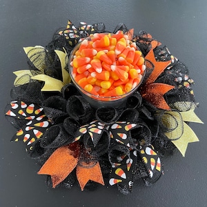 12” Fall Halloween Deco Mesh Candy Corn Mini Centerpiece / Candle Holder Ring — Black