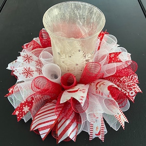 12&quot; or 17” Winter Christmas Santa Claus Deco Mesh Multi Ribbon Deco Mesh Centerpiece / Candle Holder - Red & White