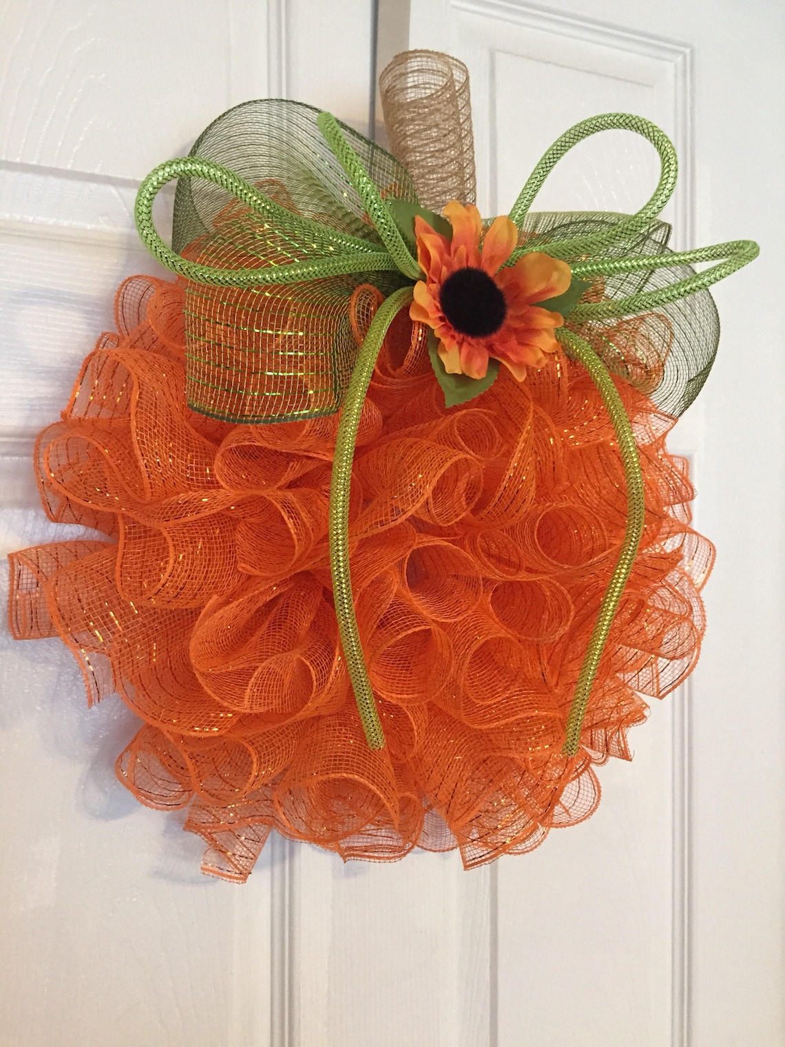 17" Fall/autumn Deco Mesh Orange Pumpkin Wreath With Sunflower - Etsy