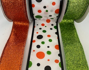 Halloween Polka Dot & Solid Glitter Wired Ribbon Bundle Set — 5 yards each