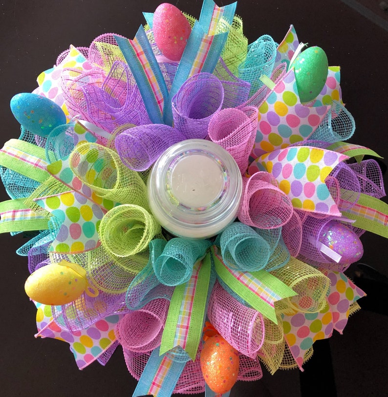 17 Easter Deco Mesh CenterpieceCandle Holder with Eggs Multicolor