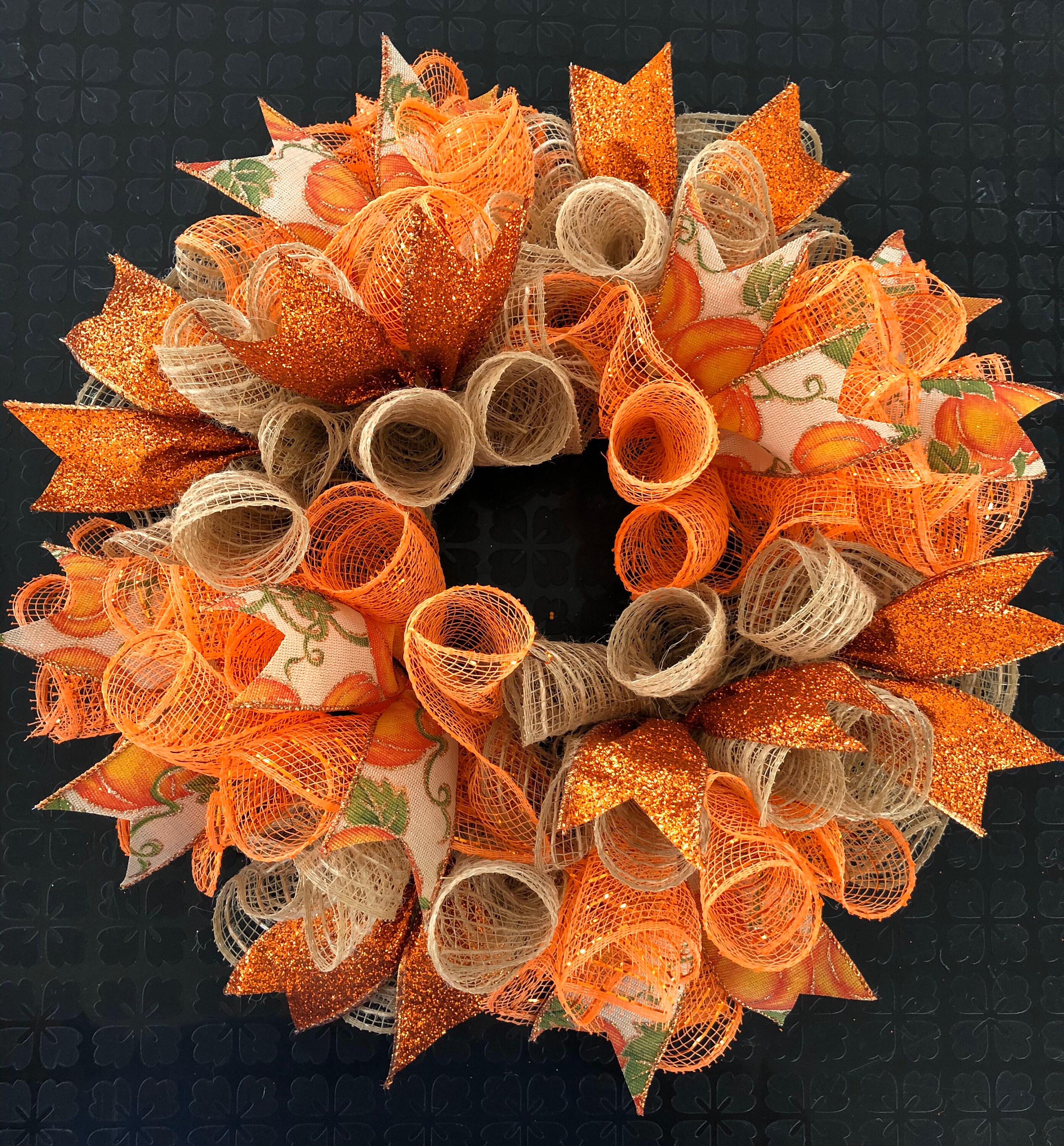 12" or 17" Fall Deco Mesh Pumpkin Candle Ring / Mini Centerpiece ...