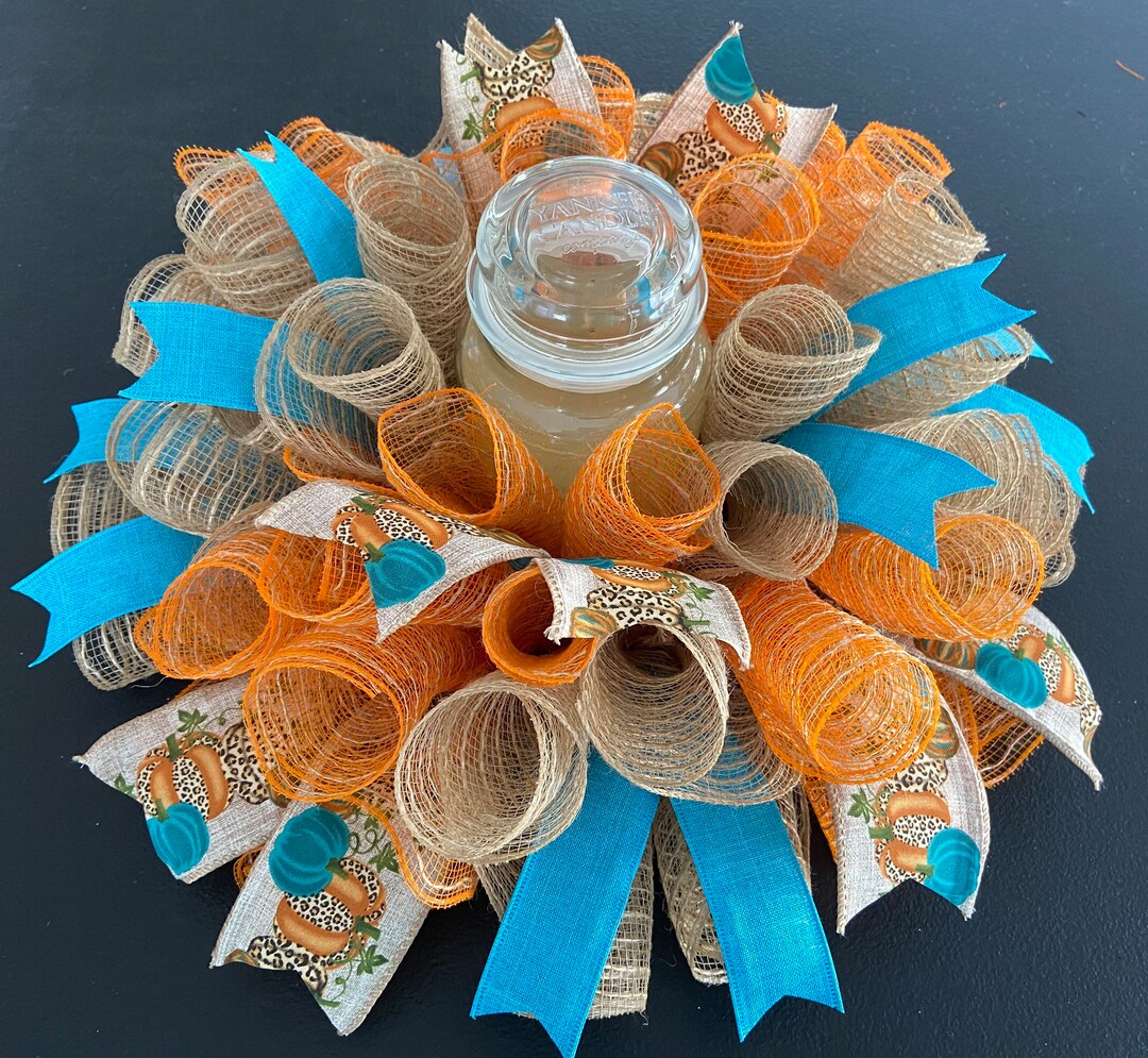 17” Fall Autumn Deco Mesh Pumpkin Centerpiece / Candle Holder - Burlap ...