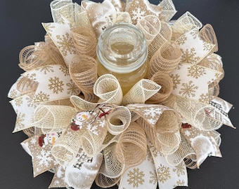 12" or 17” Christmas / Winter Snowman & Snowflake Deco Mesh Centerpiece / Candle Holder - Burlap Cream/Gold