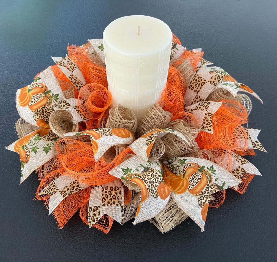 12” Fall Cheetah Pumpkin Deco Mesh Mini Centerpiece/candle Holder ...