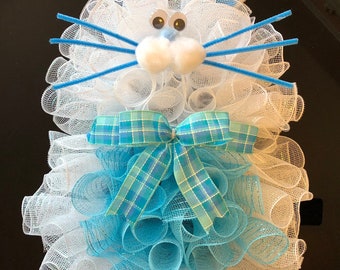 24" x 17" Easter/Spring Deco Mesh Bunny Rabbit Wreath with Choice of Bow - White/Blue