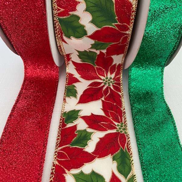 Christmas Poinsettia Wired Ribbon Bundle Set — 5 Yards each