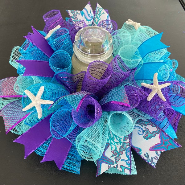 12” or 17” Beach Mermaid Sea Life Deco Mesh Centerpiece / Candle Holder - Purple/Aqua/Teal