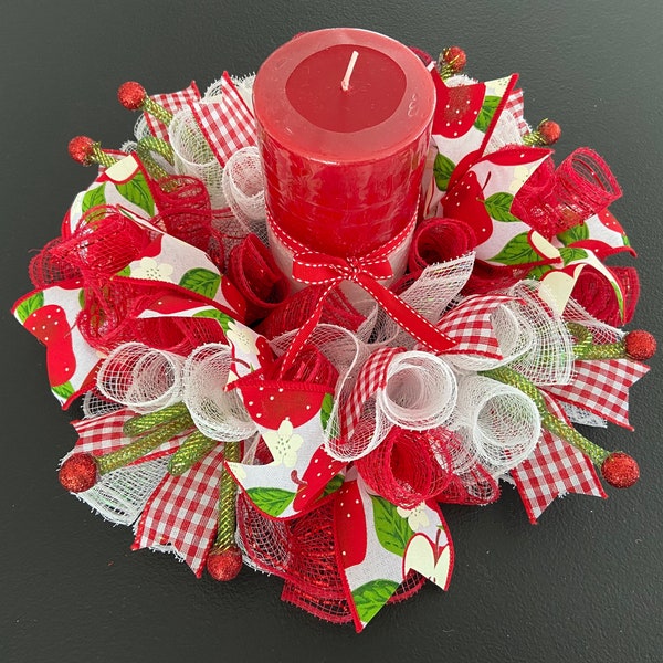 12” or 17” Summer Fruit Apple Deco Mesh Centerpiece / Candle Holder Ring - Red & White