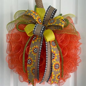 17” Fall / Autumn Deco Mesh Orange Pumpkin Wreath / Door Hanger With ...