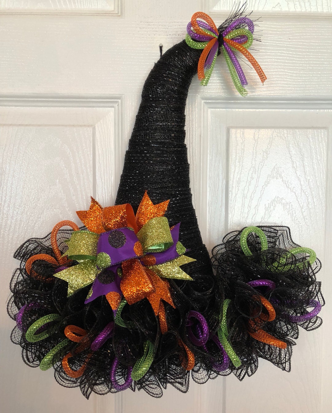 16 X 18 Halloween Deco Mesh Witch Hat Door Hanger/wreath With Bow Black
