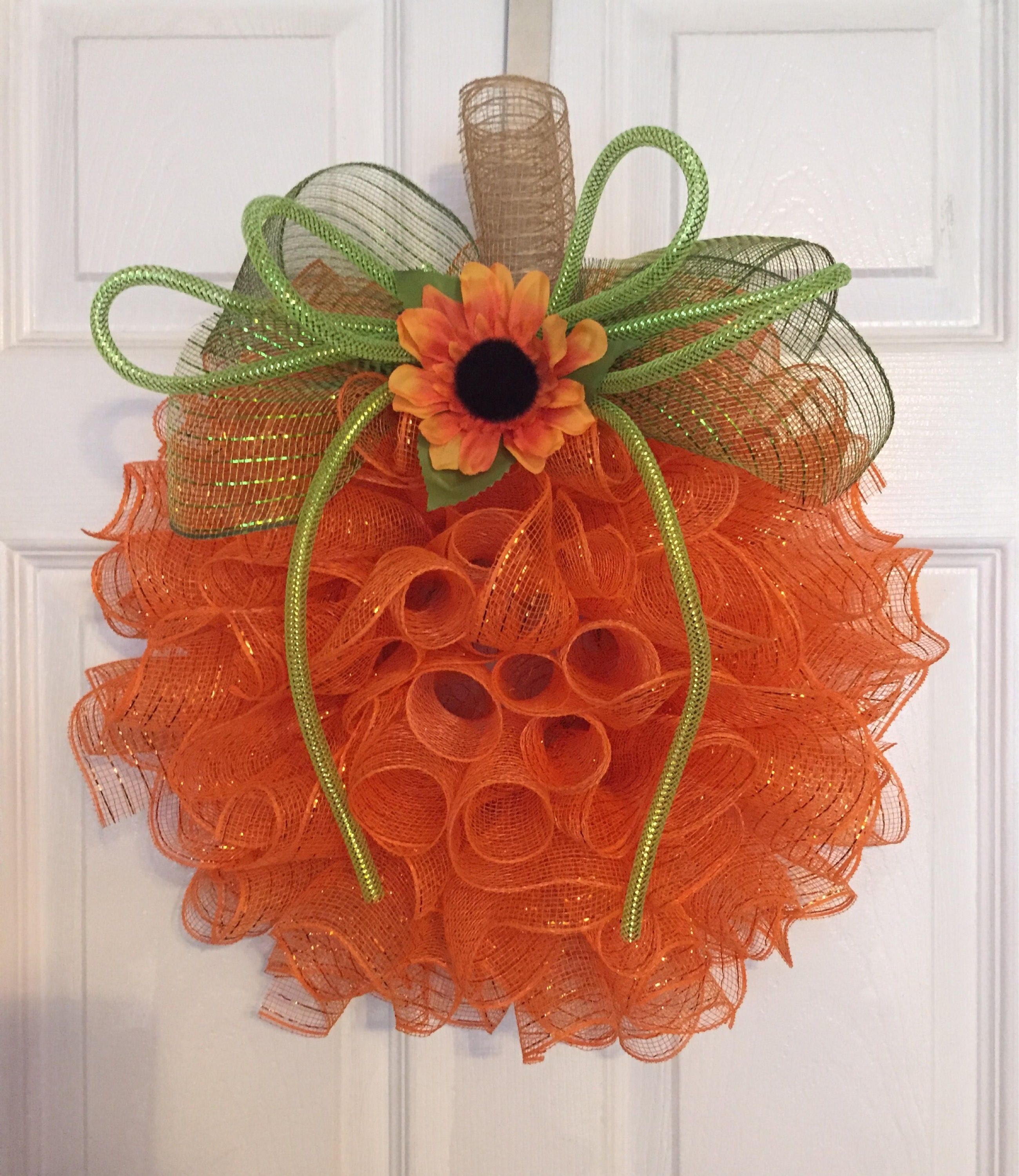 17" Fall/autumn Deco Mesh Orange Pumpkin Wreath With Sunflower - Etsy