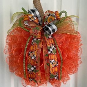 17” Fall / Autumn Deco Mesh Orange Pumpkin Wreath / Door Hanger With ...