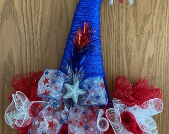 18” x 16” Patriotic / 4th of July Mesh Party Hat Door Hanger / Wreath - Red, White, & Blue