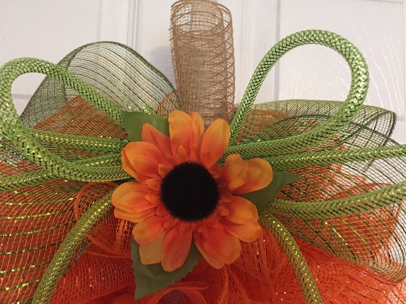 17" Fall/autumn Deco Mesh Orange Pumpkin Wreath With Sunflower - Etsy