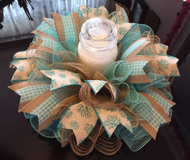17 Beach Deco Mesh Centerpiece/Candle Holder in Aqua & Etsy