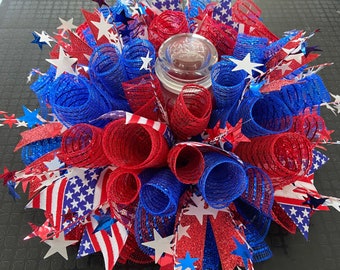 12” or 17" Patriotic/Memorial Day/4th of July Deco Mesh Centerpiece/Candle Holder in Red & Blue with Star Garland