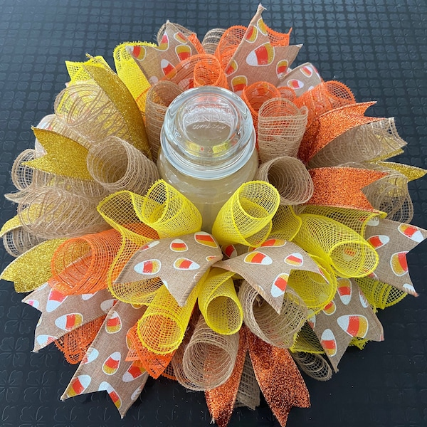 12" or 17” Halloween Deco Mesh Candy Corn Centerpiece / Candle Holder - Burlap, Yellow, Orange