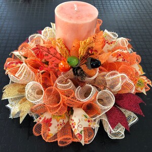 12&quot; or 17&quot; Fall Deco Leaf / Gourd Mesh Candle Ring / Mini Centerpiece - Cream & Orange