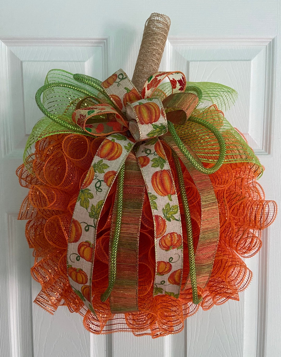 17” Fall / Autumn Deco Mesh Orange Pumpkin Wreath / Door Hanger With ...