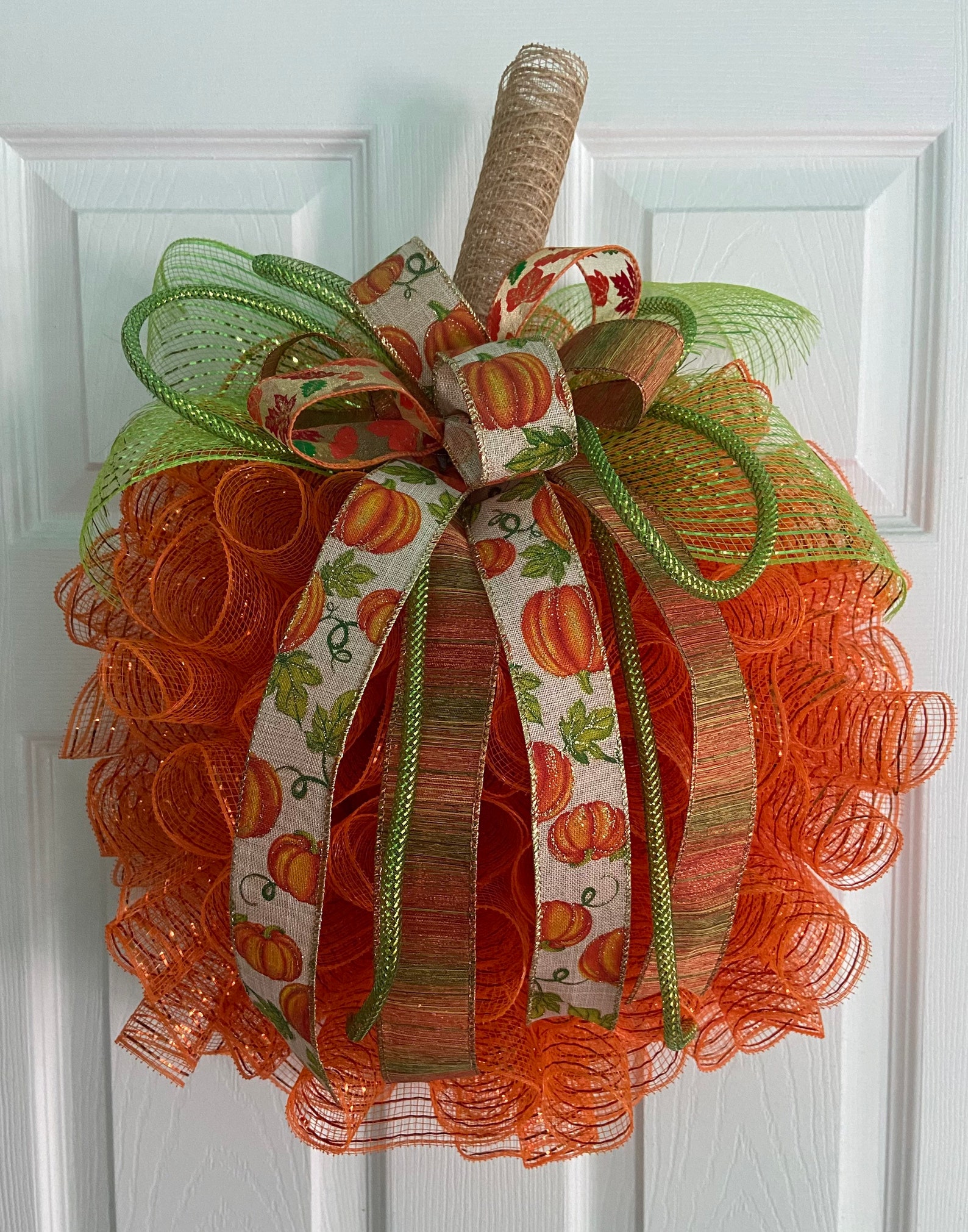 17” Fall / Autumn Deco Mesh Orange Pumpkin Wreath / Door Hanger With ...