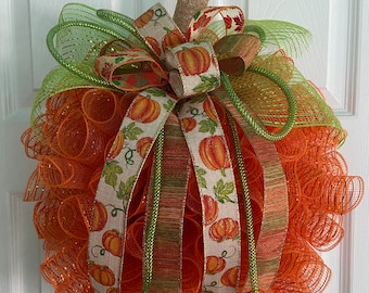 17” Fall / Autumn Deco Mesh Orange Pumpkin Wreath  / Door Hanger with Multi-Ribbon Bow