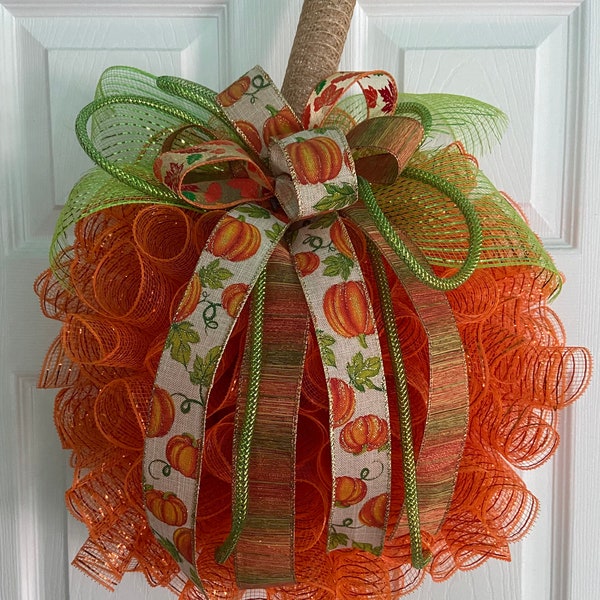 17” Fall / Autumn Deco Mesh Orange Pumpkin Wreath  / Door Hanger with Multi-Ribbon Bow