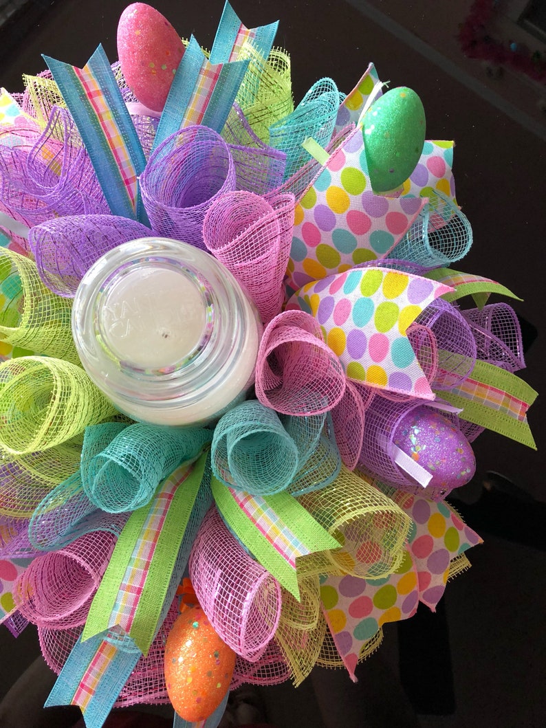 17 Easter Deco Mesh CenterpieceCandle Holder with Eggs Multicolor
