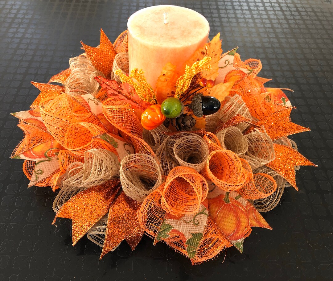 12" or 17" Fall Deco Mesh Pumpkin Candle Ring / Mini Centerpiece ...