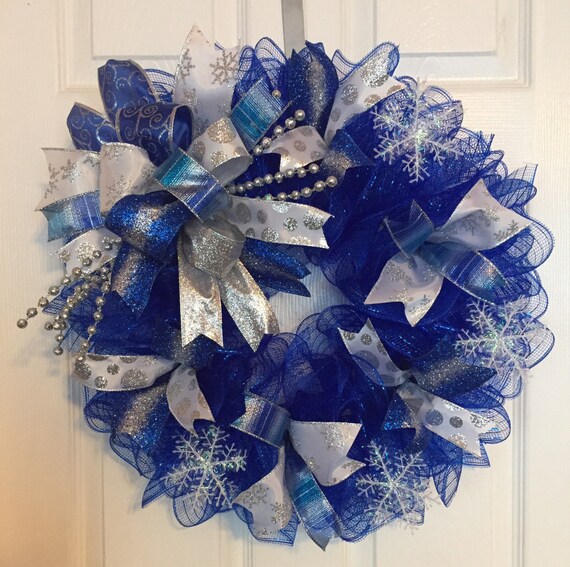 22 Winter Deco Mesh Snowflake Wreath Royal Blue & | Etsy