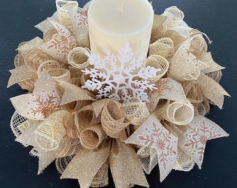 12" or 17” Christmas Winter Snowflake Deco Mesh Centerpiece / Candle Holder - Burlap Cream/Gold