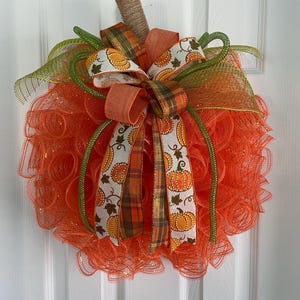 17” Fall / Autumn Deco Mesh Orange Pumpkin Wreath / Door Hanger With ...