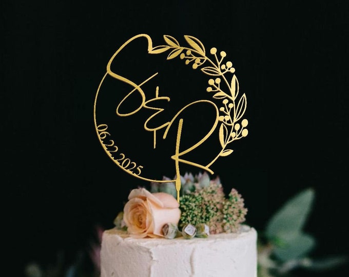 Personalised Wedding Cake Topper Custom Initials & Date Wooden Gold ...
