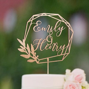 Personalized Geometric Cake Topper for Wedding Customized Names Cake Topper Wooden Modern Script Wreath Cake Topper Bridal Shower Engagement