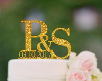 Initials Cake Topper Letter Cake Toppers Names and Date Personalized Wedding Cake Topper Monogram Cake Topper  Rose Gold Custom Topper