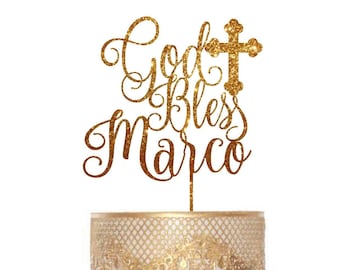 Baptême Gâteau Topper Dieu bénisse Gâteau Topper Personnalisé Gâteau Topper Première Communion Topper Baptême Gâteau Topper Dieu Bénis Nom Cake Topper