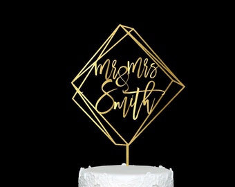 Geometric Modern Wedding Cake Topper Mr and Mrs Personalized Custom Name Wood Cake Topper with Last Name Rose Gold Wedding Decoration
