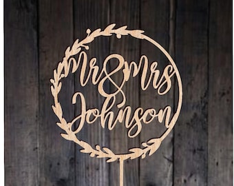 Rustic Wedding Cake Topper with Surname Personalized Mr Mrs Last Name Calligraphy Customized Rustic Cake Topper Wreath Modern Rose Gold