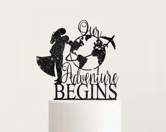 Our Adventure Begins Wedding Cake Topper Unique with Airplane World Map Travelling Themed  Engagement Rose Gold Silver Rustic Cake Topper